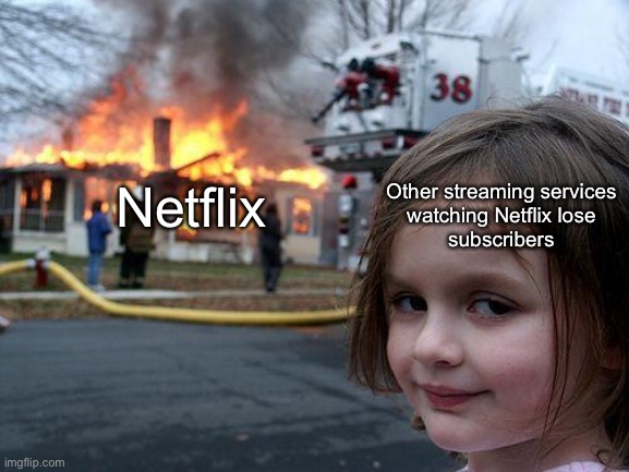 I unsubscribed |  Other streaming services
watching Netflix lose
subscribers; Netflix | image tagged in memes,disaster girl | made w/ Imgflip meme maker