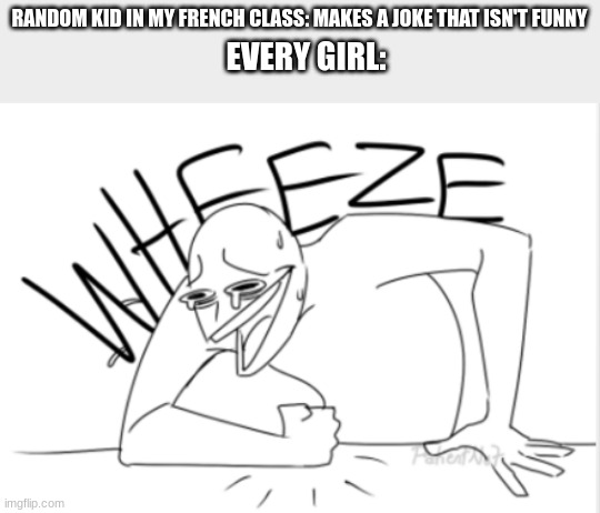 wheeze |  RANDOM KID IN MY FRENCH CLASS: MAKES A JOKE THAT ISN'T FUNNY; EVERY GIRL: | image tagged in wheeze,not funny,why are you reading this,whatever | made w/ Imgflip meme maker