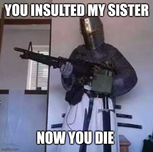 Crusader knight with M60 Machine Gun | YOU INSULTED MY SISTER NOW YOU DIE | image tagged in crusader knight with m60 machine gun | made w/ Imgflip meme maker