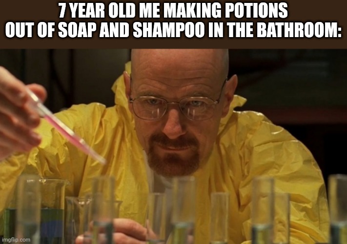 Mr White Lab | 7 YEAR OLD ME MAKING POTIONS OUT OF SOAP AND SHAMPOO IN THE BATHROOM: | image tagged in mr white lab | made w/ Imgflip meme maker