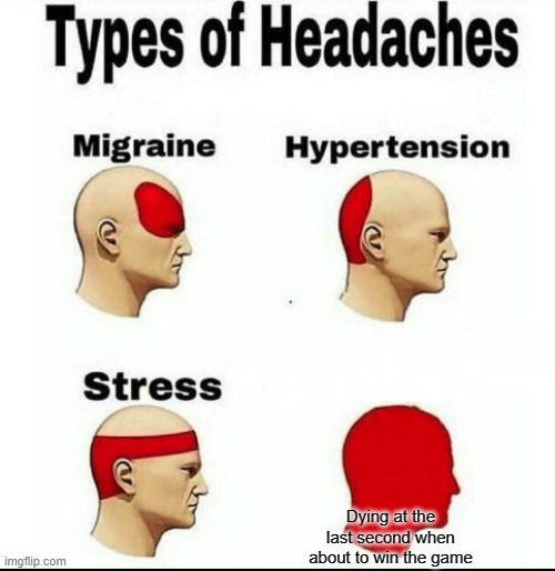 Idk relatable i guess? | Dying at the last second when about to win the game | image tagged in types of headaches meme | made w/ Imgflip meme maker