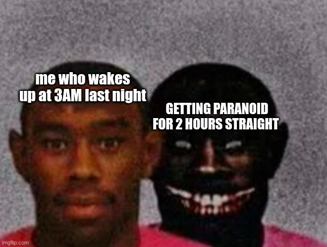 help | me who wakes up at 3AM last night; GETTING PARANOID FOR 2 HOURS STRAIGHT | image tagged in good tyler and bad tyler,help me,stop reading the tags,why are you reading this,go away | made w/ Imgflip meme maker