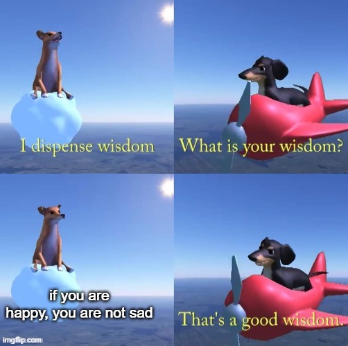 *enters image title here* |  if you are happy, you are not sad | image tagged in wisdom dog | made w/ Imgflip meme maker
