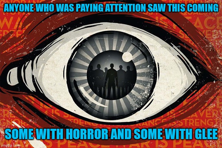 Orwell 1984 | ANYONE WHO WAS PAYING ATTENTION SAW THIS COMING; SOME WITH HORROR AND SOME WITH GLEE | image tagged in orwell 1984 | made w/ Imgflip meme maker