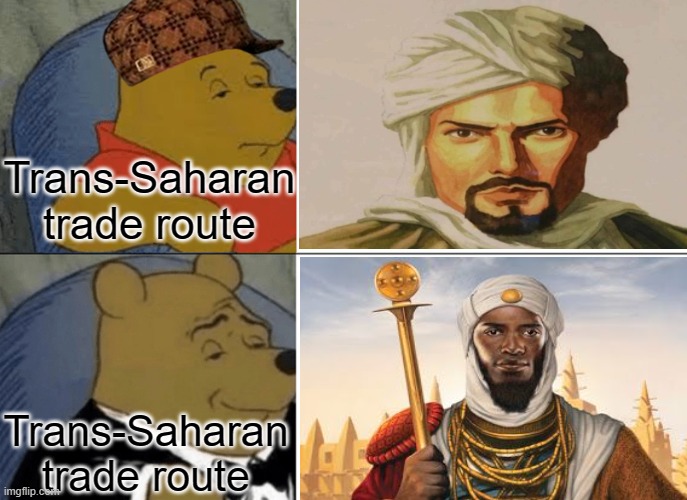 history | Trans-Saharan trade route; Trans-Saharan trade route | image tagged in memes,tuxedo winnie the pooh | made w/ Imgflip meme maker
