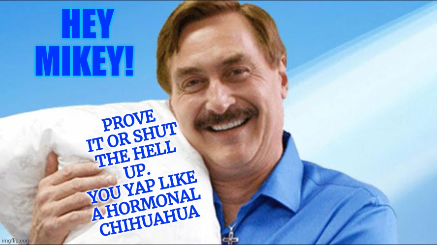 Yap. Yap. Yap. |  HEY
MIKEY! PROVE IT OR SHUT THE HELL UP.  YOU YAP LIKE A HORMONAL
CHIHUAHUA | image tagged in my pillow guy,ass,asshole,embarrassment,loser,memes | made w/ Imgflip meme maker