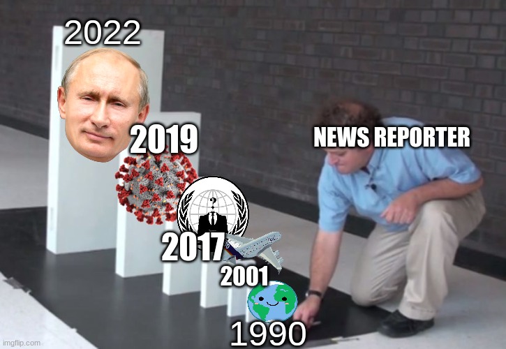 life | 2022; 2019; NEWS REPORTER; 2017; 2001; 1990 | image tagged in domino effect | made w/ Imgflip meme maker