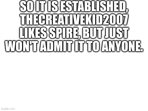 Blank White Template | SO IT IS ESTABLISHED, THECREATIVEKID2007 LIKES SPIRE, BUT JUST WON'T ADMIT IT TO ANYONE. | image tagged in blank white template | made w/ Imgflip meme maker
