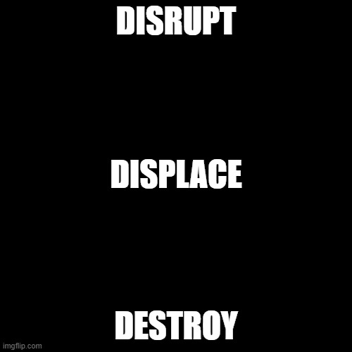 Three tactics used to end Free Nations | DISRUPT; DISPLACE; DESTROY | image tagged in plain black template | made w/ Imgflip meme maker