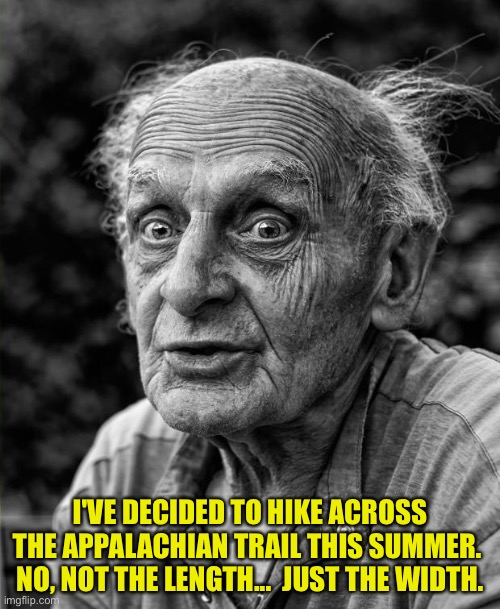 Hike | I'VE DECIDED TO HIKE ACROSS THE APPALACHIAN TRAIL THIS SUMMER.  NO, NOT THE LENGTH...  JUST THE WIDTH. | image tagged in old man | made w/ Imgflip meme maker