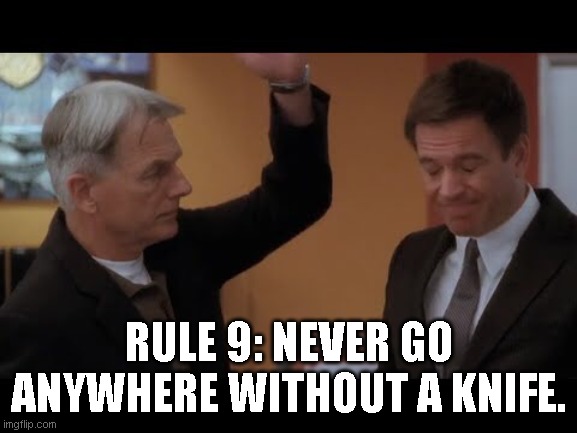 Gibbs slaps dinozo | RULE 9: NEVER GO ANYWHERE WITHOUT A KNIFE. | image tagged in gibbs slaps dinozo | made w/ Imgflip meme maker