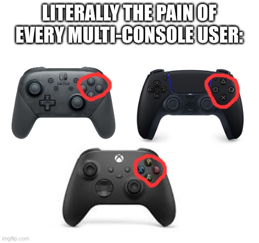 WHY. JUST WHY. | LITERALLY THE PAIN OF EVERY MULTI-CONSOLE USER: | image tagged in blank white template,video games,relatable,meme,funny | made w/ Imgflip meme maker