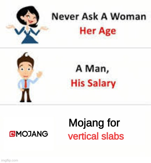 Never ask a woman her age | Mojang for; vertical slabs | image tagged in never ask a woman her age | made w/ Imgflip meme maker