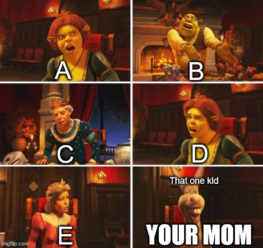 Shrek Fiona Harold Donkey | A; B; C; D; That one kid; YOUR MOM; E | image tagged in shrek fiona harold donkey | made w/ Imgflip meme maker