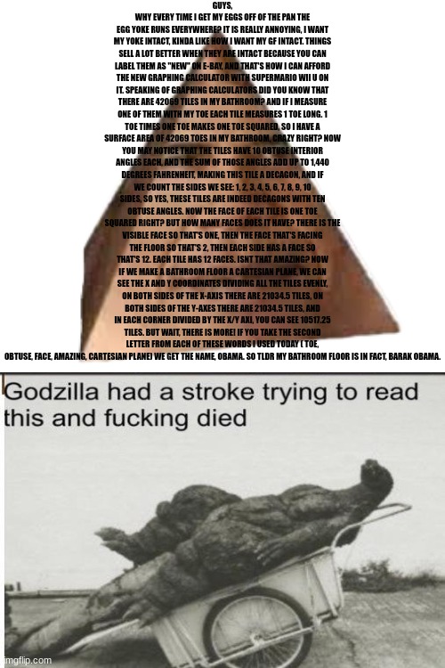 math | GUYS, WHY EVERY TIME I GET MY EGGS OFF OF THE PAN THE EGG YOKE RUNS EVERYWHERE? IT IS REALLY ANNOYING, I WANT MY YOKE INTACT, KINDA LIKE HOW I WANT MY GF INTACT. THINGS SELL A LOT BETTER WHEN THEY ARE INTACT BECAUSE YOU CAN LABEL THEM AS "NEW" ON E-BAY, AND THAT'S HOW I CAN AFFORD THE NEW GRAPHING CALCULATOR WITH SUPERMARIO WII U ON IT. SPEAKING OF GRAPHING CALCULATORS DID YOU KNOW THAT THERE ARE 42069 TILES IN MY BATHROOM? AND IF I MEASURE ONE OF THEM WITH MY TOE EACH TILE MEASURES 1 TOE LONG. 1 TOE TIMES ONE TOE MAKES ONE TOE SQUARED, SO I HAVE A SURFACE AREA OF 42069 TOES IN MY BATHROOM, CRAZY RIGHT? NOW YOU MAY NOTICE THAT THE TILES HAVE 10 OBTUSE INTERIOR ANGLES EACH, AND THE SUM OF THOSE ANGLES ADD UP TO 1,440 DEGREES FAHRENHEIT, MAKING THIS TILE A DECAGON, AND IF WE COUNT THE SIDES WE SEE: 1, 2, 3, 4, 5, 6, 7, 8, 9, 10 SIDES, SO YES, THESE TILES ARE INDEED DECAGONS WITH TEN OBTUSE ANGLES. NOW THE FACE OF EACH TILE IS ONE TOE SQUARED RIGHT? BUT HOW MANY FACES DOES IT HAVE? THERE IS THE VISIBLE FACE SO THAT'S ONE, THEN THE FACE THAT'S FACING THE FLOOR SO THAT'S 2, THEN EACH SIDE HAS A FACE SO THAT'S 12. EACH TILE HAS 12 FACES. ISNT THAT AMAZING? NOW IF WE MAKE A BATHROOM FLOOR A CARTESIAN PLANE, WE CAN SEE THE X AND Y COORDINATES DIVIDING ALL THE TILES EVENLY, ON BOTH SIDES OF THE X-AXIS THERE ARE 21034.5 TILES, ON BOTH SIDES OF THE Y-AXES THERE ARE 21034.5 TILES, AND IN EACH CORNER DIVIDED BY THE X/Y AXI, YOU CAN SEE 10517.25 TILES. BUT WAIT, THERE IS MORE! IF YOU TAKE THE SECOND LETTER FROM EACH OF THESE WORDS I USED TODAY ( TOE, OBTUSE, FACE, AMAZING, CARTESIAN PLANE) WE GET THE NAME, OBAMA. SO TLDR MY BATHROOM FLOOR IS IN FACT, BARAK OBAMA. | image tagged in blank white template | made w/ Imgflip meme maker