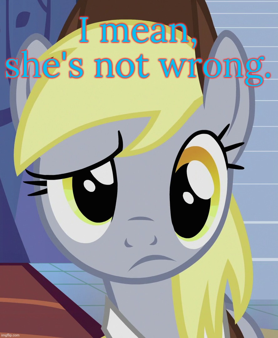 Skeptical Derpy (MLP) | I mean, she's not wrong. | image tagged in skeptical derpy mlp | made w/ Imgflip meme maker