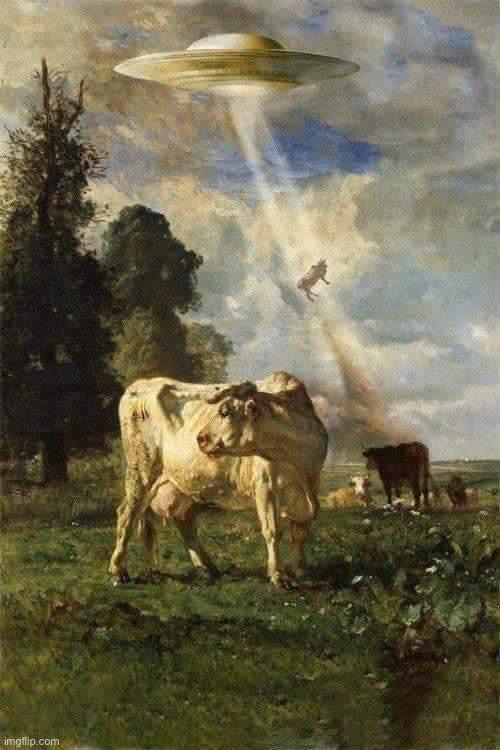 . | image tagged in ufos abducting cows | made w/ Imgflip meme maker