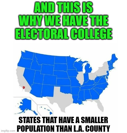 AND THIS IS WHY WE HAVE THE ELECTORAL COLLEGE; STATES THAT HAVE A SMALLER POPULATION THAN L.A. COUNTY | image tagged in elections,electoral college,maga,democrats,republicans,usa | made w/ Imgflip meme maker