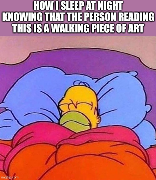 *peaceful sleep* | HOW I SLEEP AT NIGHT KNOWING THAT THE PERSON READING THIS IS A WALKING PIECE OF ART | image tagged in homer simpson sleeping peacefully,wholesome | made w/ Imgflip meme maker