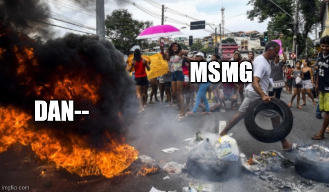 Old temp go brrrr | MSMG; DAN-- | image tagged in crowd blowing up something | made w/ Imgflip meme maker