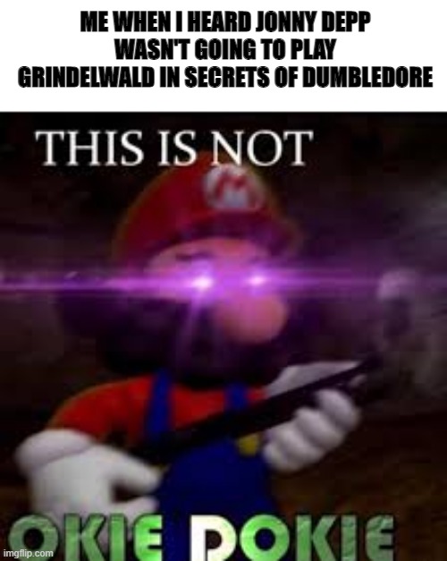 This is not okie dokie | ME WHEN I HEARD JONNY DEPP WASN'T GOING TO PLAY GRINDELWALD IN SECRETS OF DUMBLEDORE | image tagged in this is not okie dokie | made w/ Imgflip meme maker