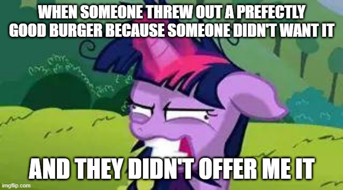 I work in a mexican restaurant, and this has happened to me on numerous occasions |  WHEN SOMEONE THREW OUT A PREFECTLY GOOD BURGER BECAUSE SOMEONE DIDN'T WANT IT; AND THEY DIDN'T OFFER ME IT | image tagged in mlp,funny,funny memes,funny meme,my little pony | made w/ Imgflip meme maker