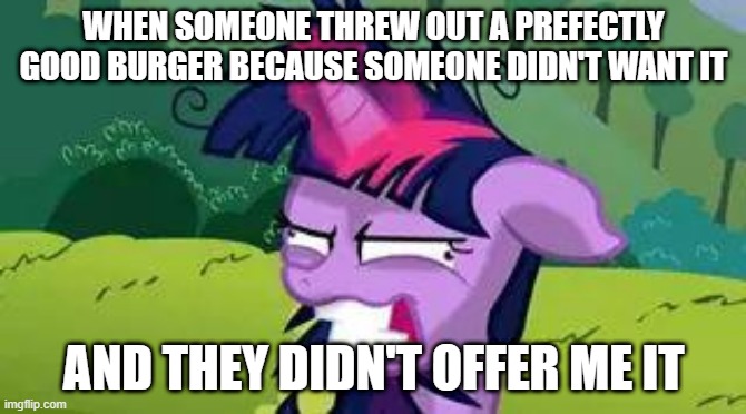 I work in a mexican restaurant, and this has happened to me on numerous occasions | WHEN SOMEONE THREW OUT A PREFECTLY GOOD BURGER BECAUSE SOMEONE DIDN'T WANT IT; AND THEY DIDN'T OFFER ME IT | image tagged in mlp,funny,funny memes,funny meme,my little pony | made w/ Imgflip meme maker