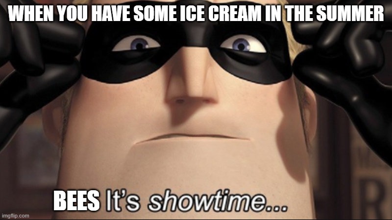 Funny meme | WHEN YOU HAVE SOME ICE CREAM IN THE SUMMER; BEES | image tagged in it s showtime | made w/ Imgflip meme maker