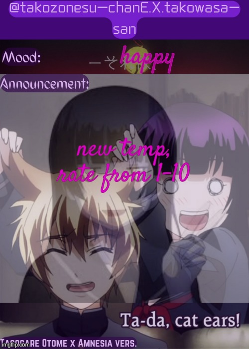 tc announcement temp tasogare otome x amnesia | happy; new temp, rate from 1-10 | image tagged in tc announcement temp tasogare otome x amnesia | made w/ Imgflip meme maker