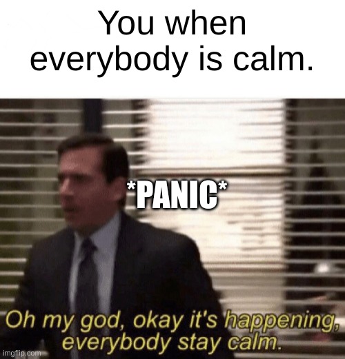 PANIC | You when everybody is calm. *PANIC* | image tagged in oh my god okay it's happening everybody stay calm | made w/ Imgflip meme maker