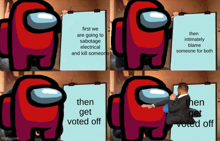 Gru's Plan Meme | first we are going to sabotage electrical and kill someone; then  intimately blame someone for both; then get voted off; then get voted off | image tagged in memes,gru's plan | made w/ Imgflip meme maker