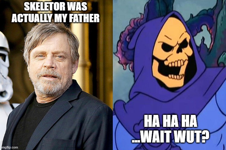 Skeletor is my father | SKELETOR WAS ACTUALLY MY FATHER; HA HA HA ...WAIT WUT? | image tagged in skeletor,starwars,mark hamill | made w/ Imgflip meme maker