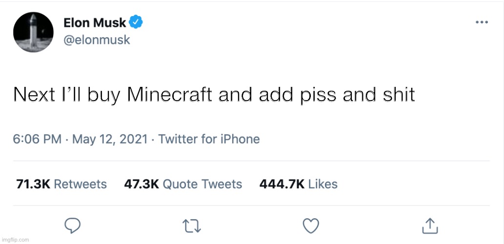 Elon Musk Blank Tweet | Next I’ll buy Minecraft and add piss and shit | image tagged in elon musk blank tweet | made w/ Imgflip meme maker