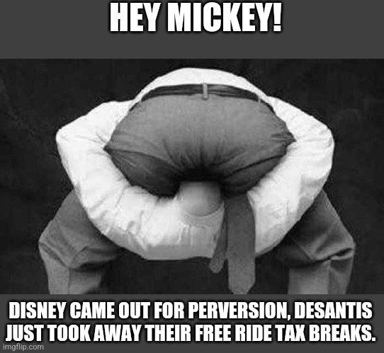 Head up ass  | HEY MICKEY! DISNEY CAME OUT FOR PERVERSION, DESANTIS JUST TOOK AWAY THEIR FREE RIDE TAX BREAKS. | image tagged in head up ass | made w/ Imgflip meme maker