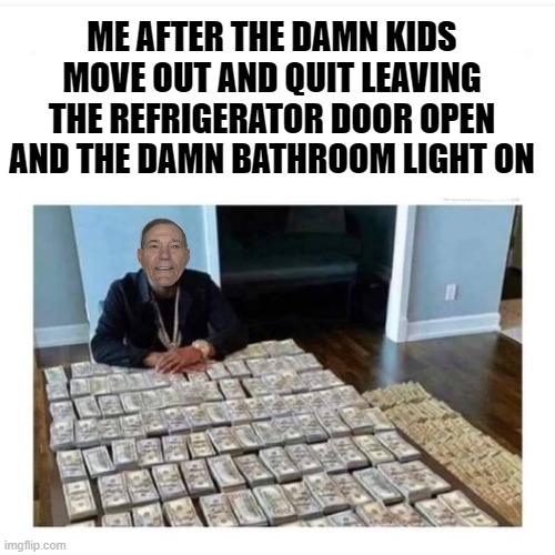 me after the kids are gone |  ME AFTER THE DAMN KIDS MOVE OUT AND QUIT LEAVING THE REFRIGERATOR DOOR OPEN AND THE DAMN BATHROOM LIGHT ON | image tagged in kewlew,kids | made w/ Imgflip meme maker