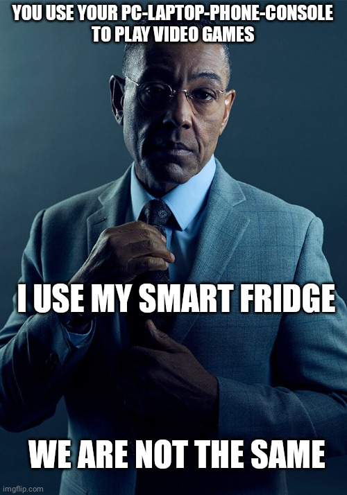 We are definitely not the same | YOU USE YOUR PC-LAPTOP-PHONE-CONSOLE TO PLAY VIDEO GAMES; I USE MY SMART FRIDGE; WE ARE NOT THE SAME | image tagged in gus fring we are not the same | made w/ Imgflip meme maker