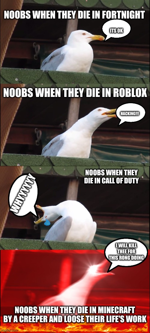 Inhaling Seagull | NOOBS WHEN THEY DIE IN FORTNIGHT; ITS OK; NOOBS WHEN THEY DIE IN ROBLOX; HACKING!!! NOOBS WHEN THEY DIE IN CALL OF DUTY; WHYYYYYY; I WILL KILL THEE FOR THIS RONG DOING; NOOBS WHEN THEY DIE IN MINECRAFT BY A CREEPER AND LOOSE THEIR LIFE'S WORK | image tagged in memes,inhaling seagull | made w/ Imgflip meme maker
