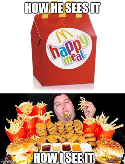 HOW HE SEES IT; HOW I SEE IT | image tagged in happy meal | made w/ Imgflip meme maker