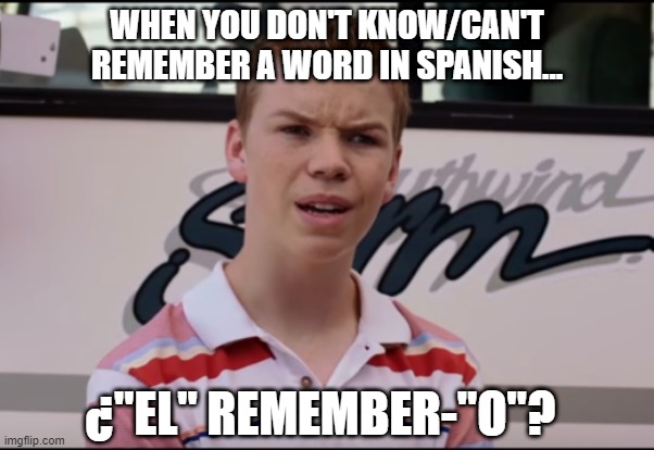 Spanish speaking be like... | WHEN YOU DON'T KNOW/CAN'T REMEMBER A WORD IN SPANISH... ¿"EL" REMEMBER-"O"? | image tagged in you guys are getting paid | made w/ Imgflip meme maker