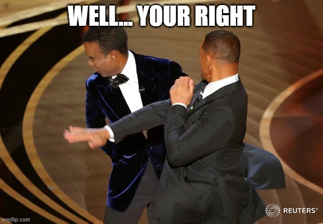 Will Smith punching Chris Rock | WELL... YOUR RIGHT | image tagged in will smith punching chris rock | made w/ Imgflip meme maker