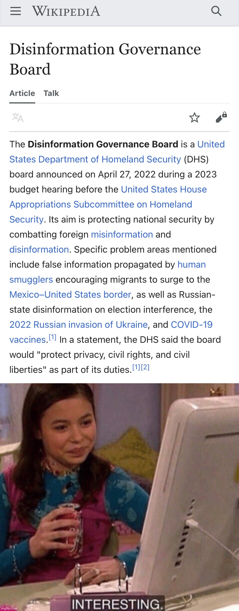 The new board with a cringey name that just might help our country better deal with foreign threats. | image tagged in disinformation governance board,icarly interesting | made w/ Imgflip meme maker