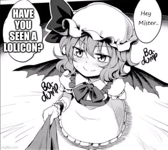 Remilia looks for a lolicon | HAVE YOU SEEN A LOLICON? | image tagged in remilia hey mister | made w/ Imgflip meme maker