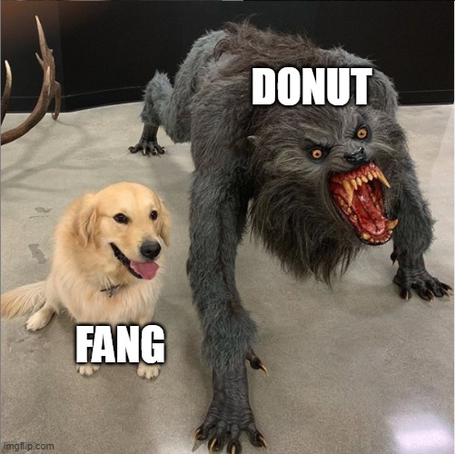 dog names be like | DONUT; FANG | image tagged in dog vs werewolf | made w/ Imgflip meme maker