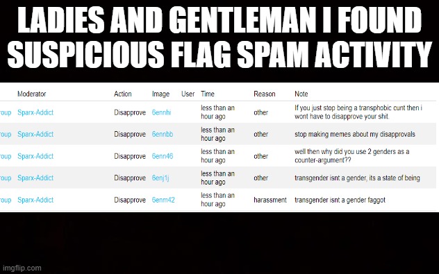 Wide black blank meme template | LADIES AND GENTLEMAN I FOUND SUSPICIOUS FLAG SPAM ACTIVITY | image tagged in wide black blank meme template | made w/ Imgflip meme maker