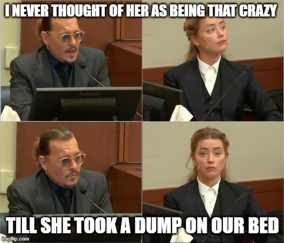 Depp Heard | I NEVER THOUGHT OF HER AS BEING THAT CRAZY; TILL SHE TOOK A DUMP ON OUR BED | image tagged in depp heard | made w/ Imgflip meme maker