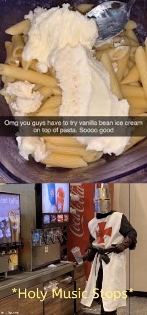 Vanilla bean ice cream on pasta | image tagged in holy music stops,vanilla ice cream,pasta,memes,ice cream,cursed image | made w/ Imgflip meme maker