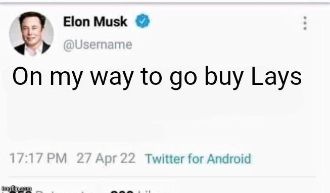 Elon Musk | On my way to go buy Lays | image tagged in elon musk | made w/ Imgflip meme maker