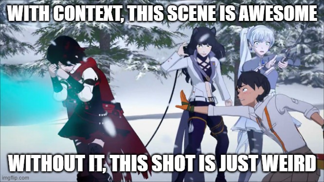RWBY Ozpin attacking Ruby | WITH CONTEXT, THIS SCENE IS AWESOME; WITHOUT IT, THIS SHOT IS JUST WEIRD | image tagged in rwby ozpin attacking ruby | made w/ Imgflip meme maker