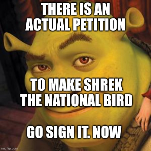 https://chng.it/dhmZ4FjYPn | THERE IS AN ACTUAL PETITION; TO MAKE SHREK THE NATIONAL BIRD; GO SIGN IT. NOW | image tagged in birb,america,shrek | made w/ Imgflip meme maker