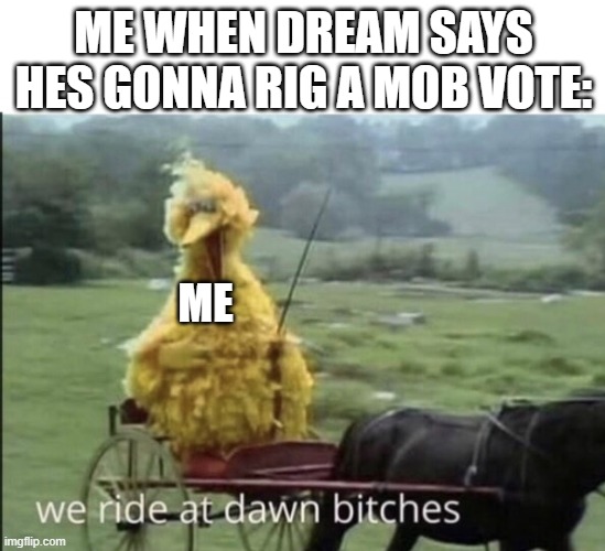 We ride at dawn bitches | ME WHEN DREAM SAYS HES GONNA RIG A MOB VOTE:; ME | image tagged in we ride at dawn bitches | made w/ Imgflip meme maker